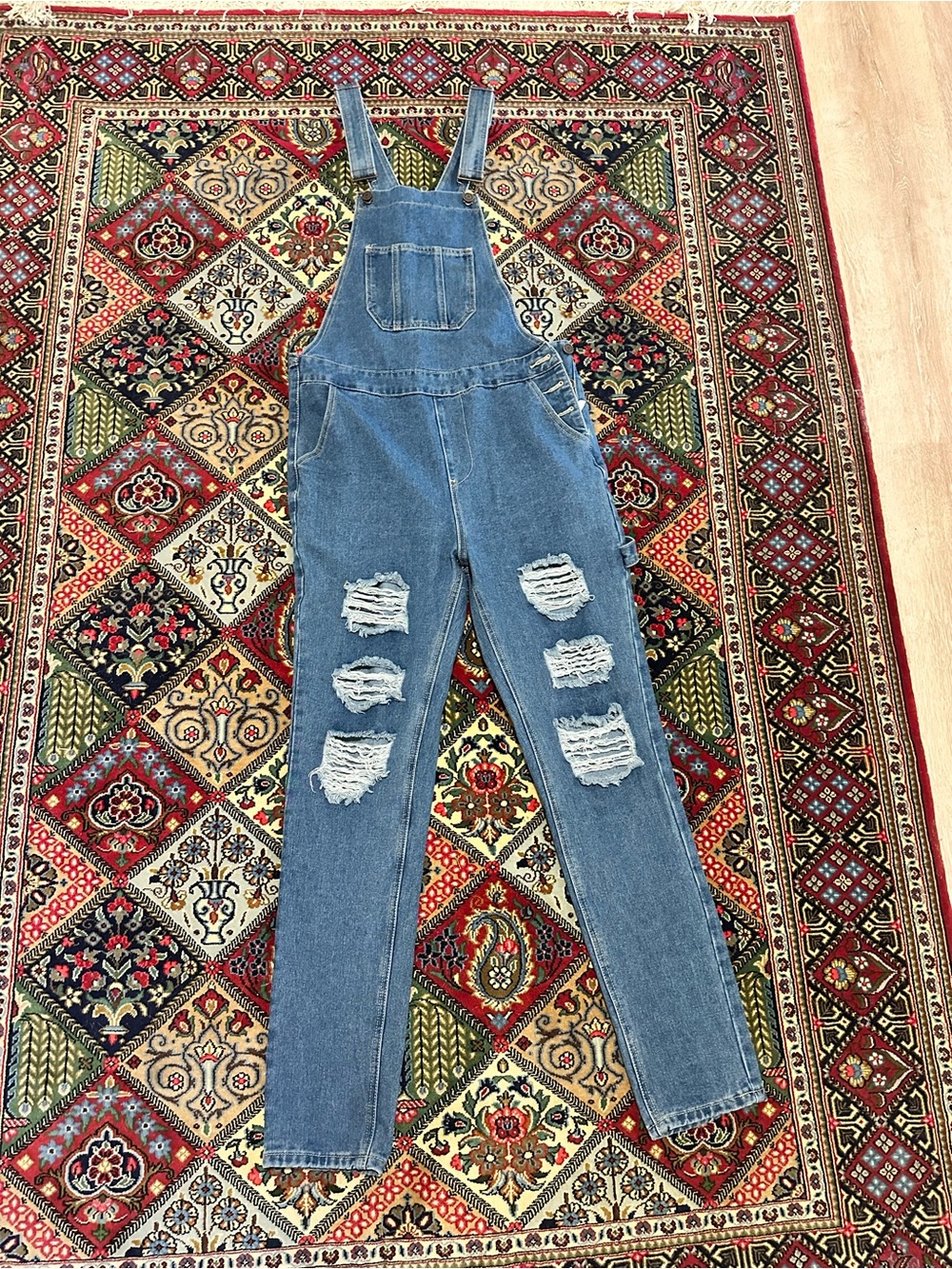Ripped Blue Denim Women's Overalls with Bib Pocket